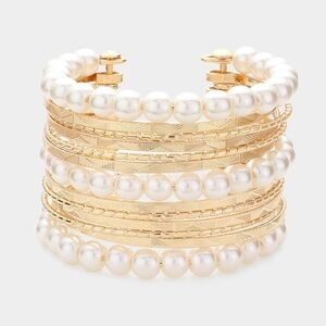 Gold Cream Pearl Layered Metal Cuff Bracelet Bangle Fashion Statement Accessory